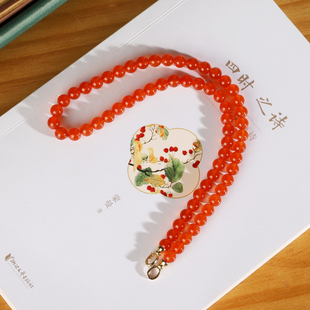 远廷 原矿天然保山南红冰红项链6.5mm 18k金扣头厚金镶嵌锁骨链