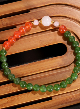 天然和田玉碧玉手串5.3mm 单圈手链原创DIY款菠菜绿圆珠链女QN17