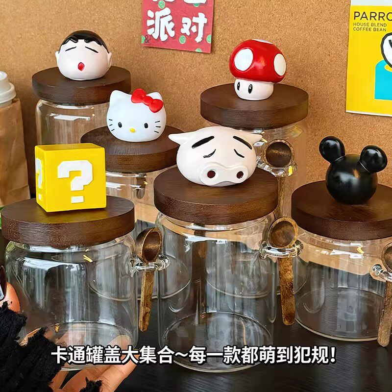 卡通可爱带盖带勺玻璃收纳瓶咖啡豆密封罐家用防潮罐陈皮罐茶叶罐