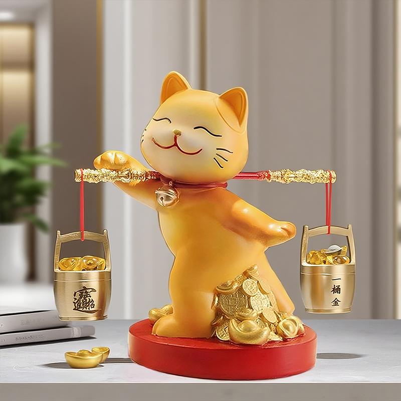 一桶金招财猫摆件乔迁开业礼物新中式客厅电视柜公司收银台装饰品