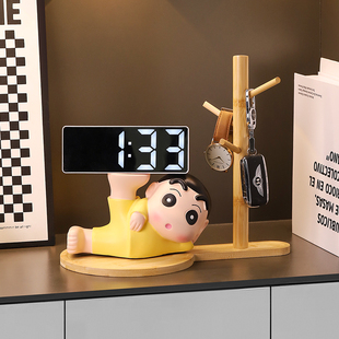 蜡笔小新时钟摆件钟表摆台式客厅玄关钥匙收纳桌面家居装饰电子钟