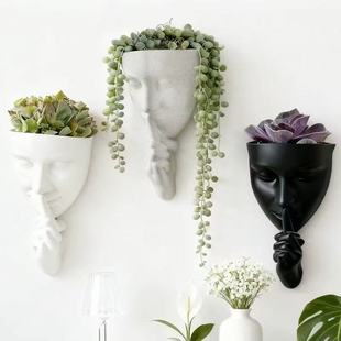 简约现代创意嘘声人脸造型花盆搪胶材质室内装饰挂墙式北欧风花器