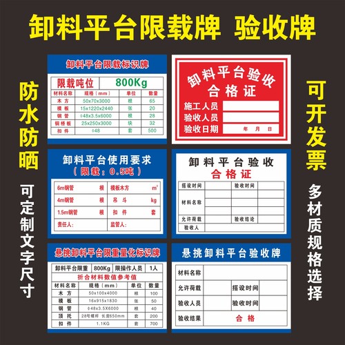 施工安全警示牌卸料平台验收合格牌限载限重标识牌工地验收牌定制