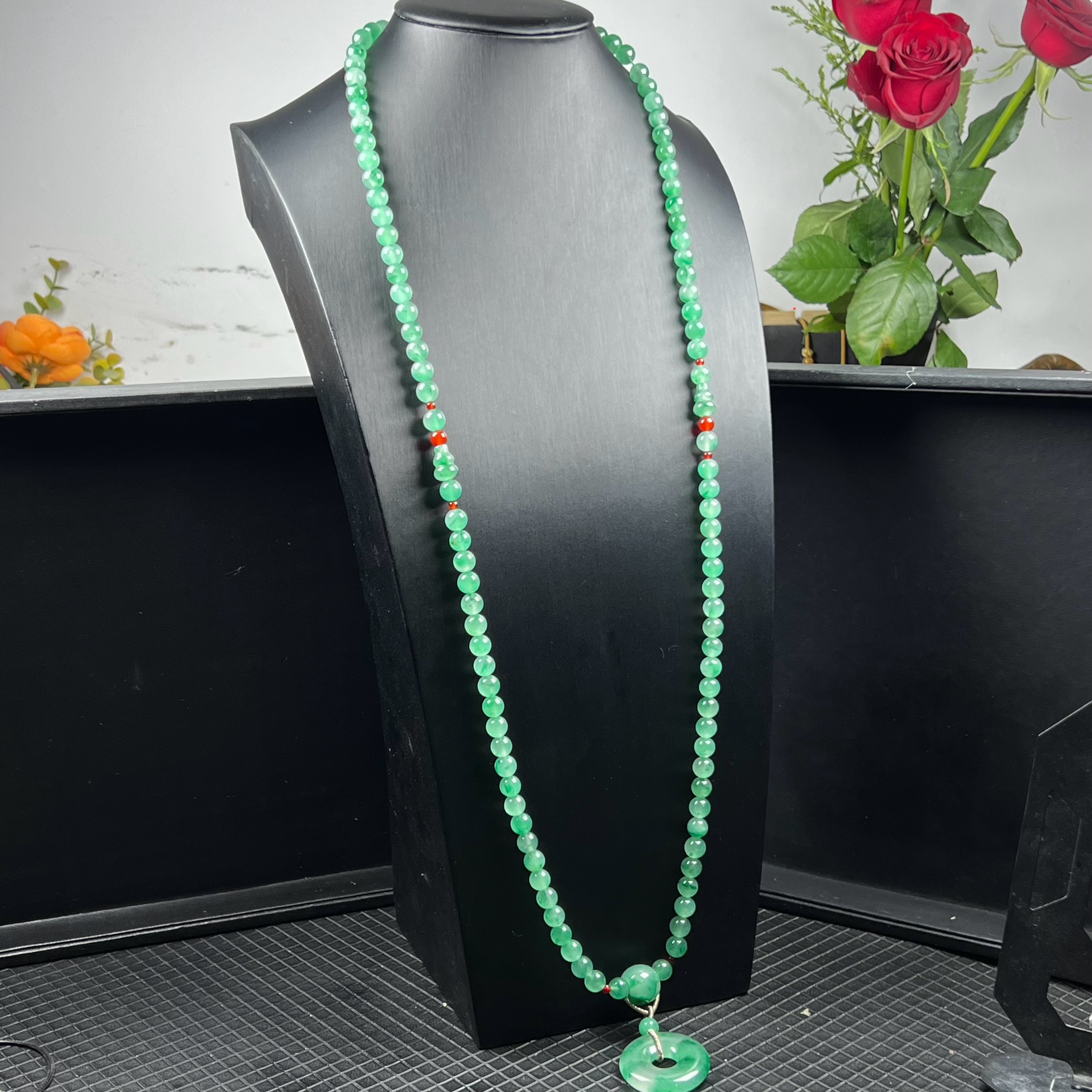 天然玉石高冰飘翠绿色非洲翠玉108颗佛珠8mm项链平安扣毛衣链证书