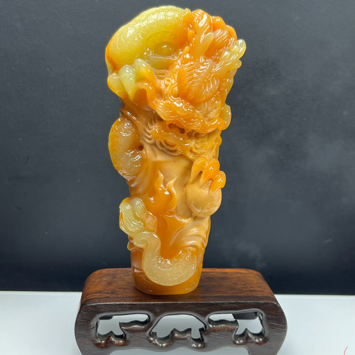 瑞皇翠 天然玉石缅料黄龙玉精品珠宝俏色龙柱摆件手玩件送礼证书
