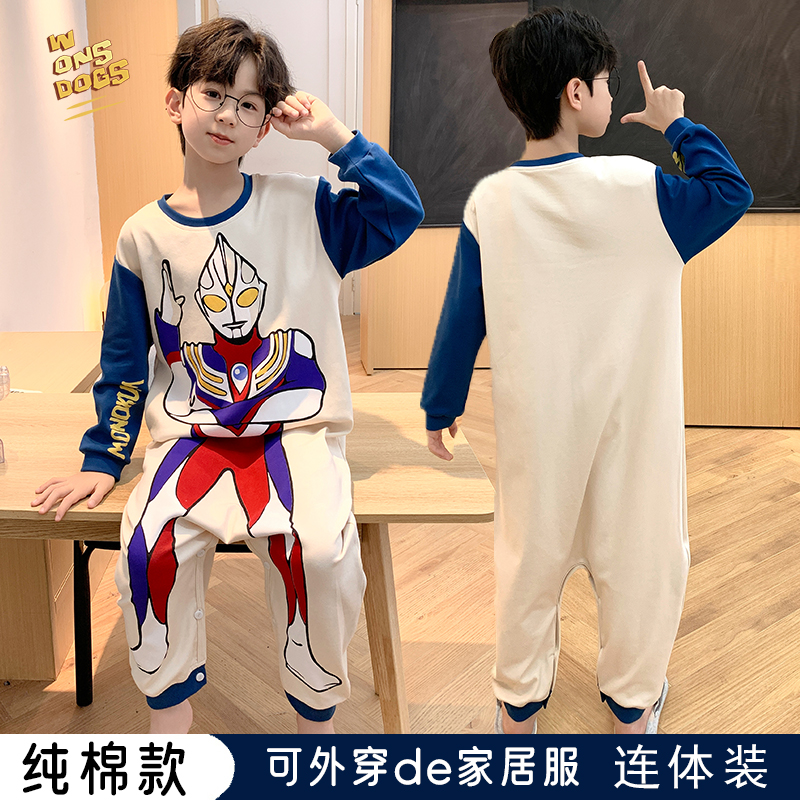 卡通纯棉儿童连体睡衣男童春秋长袖男孩女宝大童防着凉家居服睡袋