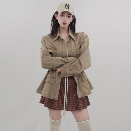 STYLE YINZ 港味老钱风chill水洗外套女宽松多口袋翻领工装夹克春