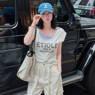 STYLE YINZ 韩系挂脖短袖T恤女2026夏季撞色字母印花假两件短上衣