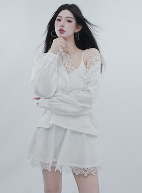 STYLE YINZ White Lace Mood衬衫女2026春季简约蕾丝V领长袖上衣