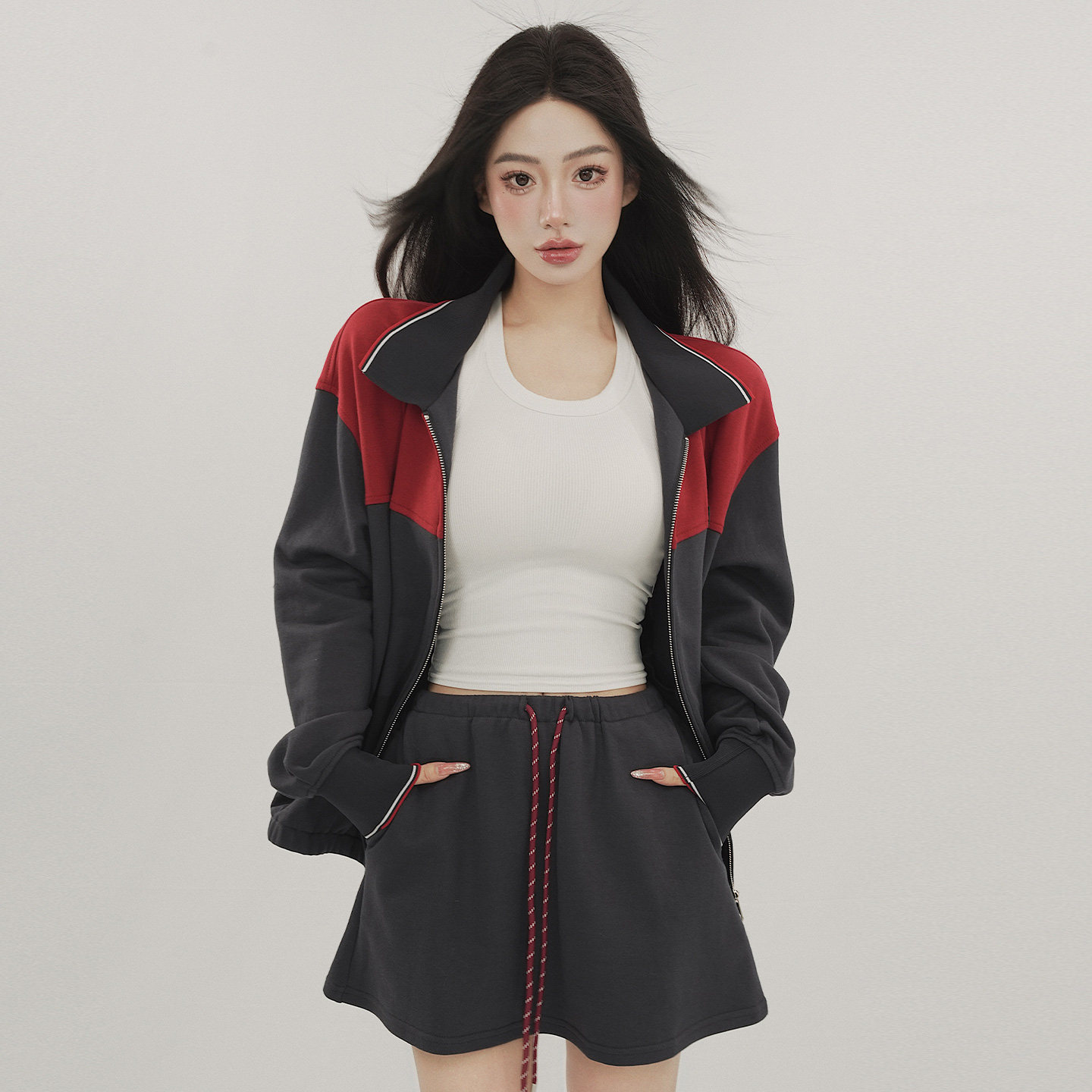 STYLE YINZ 复古拼色卫衣女2026春季运动风宽松翻领长袖拉链外套