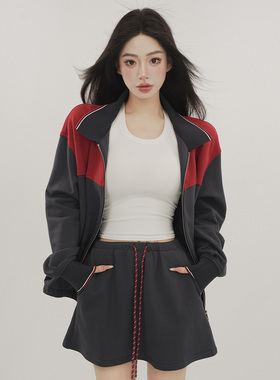STYLE YINZ 复古拼色卫衣女2026春季运动风宽松翻领长袖拉链外套