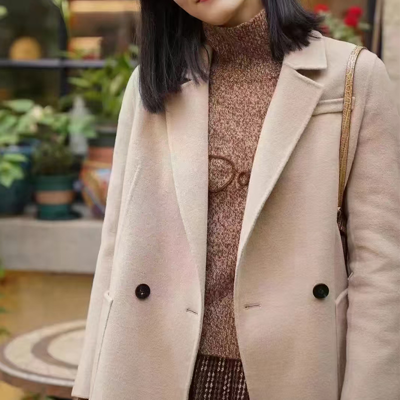 秋冬新款双排扣西装领双面呢羊毛大衣中长款40470