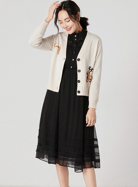 春季新款手工钩花鹿鹿亨通V领羊毛针织开衫毛衣外搭短款30870