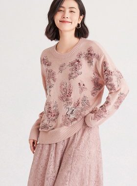 V*家同款同料 天鹅之恋绣花/艺术感/羊绒/套头针织衫上衣30820