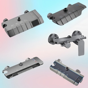 枪灰色平面拉丝钢琴按键淋浴洗澡四档冷热龙头浴室花洒数显主阀体