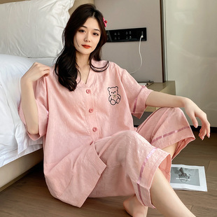 家居服宽松 新款 高档提花棉麻睡衣女特大码 200斤妈妈夏季 纯棉短袖