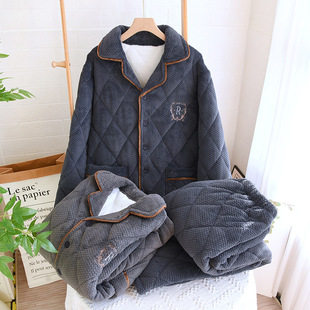 睡衣男款冬季三层夹棉2025新款冬天珊瑚绒加绒加厚家居服套装