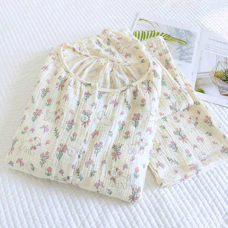 带胸垫月子服夏季薄款产后春秋产妇哺乳睡衣双层棉纱喂奶家居服