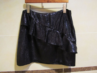 亮面肌理面料不规则斜木耳边黑色半身裙夏季 短裙 折 欧美外贸女装