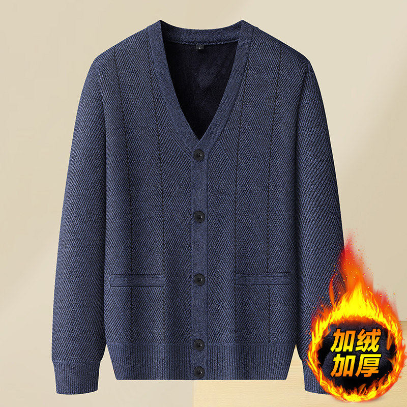 中老年男士毛衣V领开衫秋冬季爸爸加绒加厚针织内搭外穿保暖外套