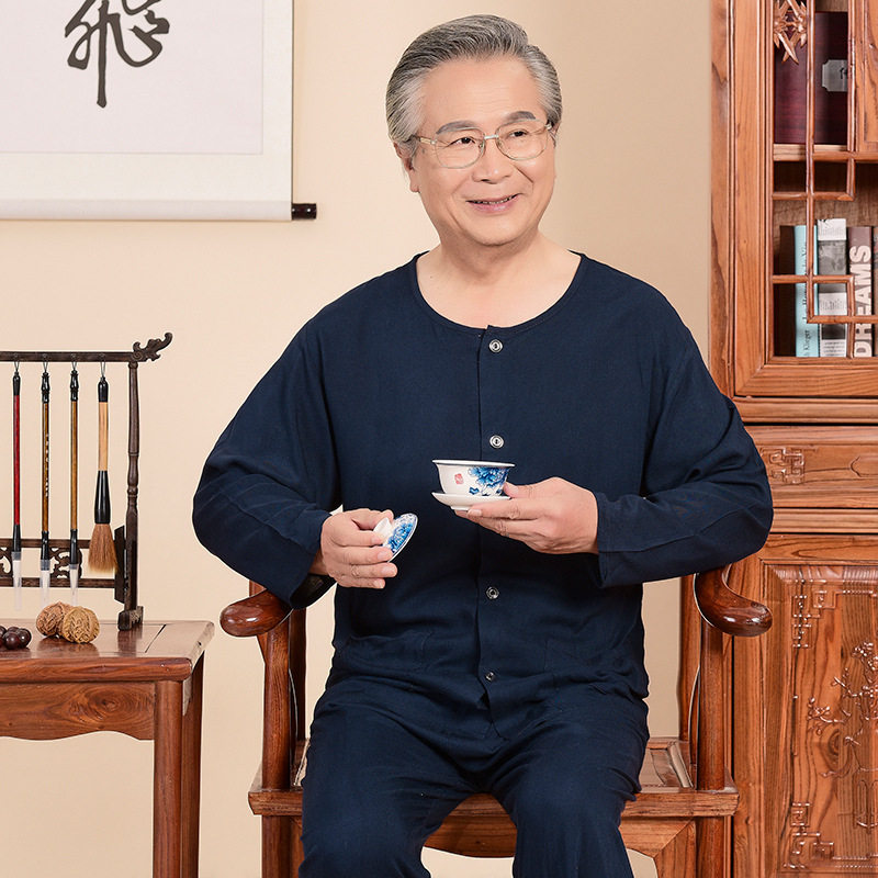 中老年夏装薄宽松长袖衫男老人棉绸T恤套装爷爷开衫爸爸空调衫
