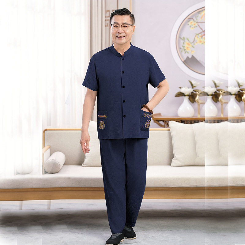 中老年人夏装短袖套装男爷爷中山装两件套爸爸宽松棉绸老人家居服
