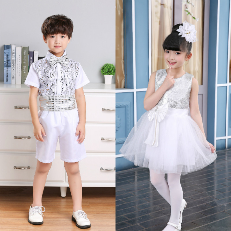 六一儿童演出服女童公主裙幼儿园跳舞蓬蓬裙白色亮片纱裙舞蹈服装