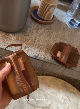 迷你网纱小提袋！日系焦糖棕加厚可视口红身份证银行卡随身收纳包