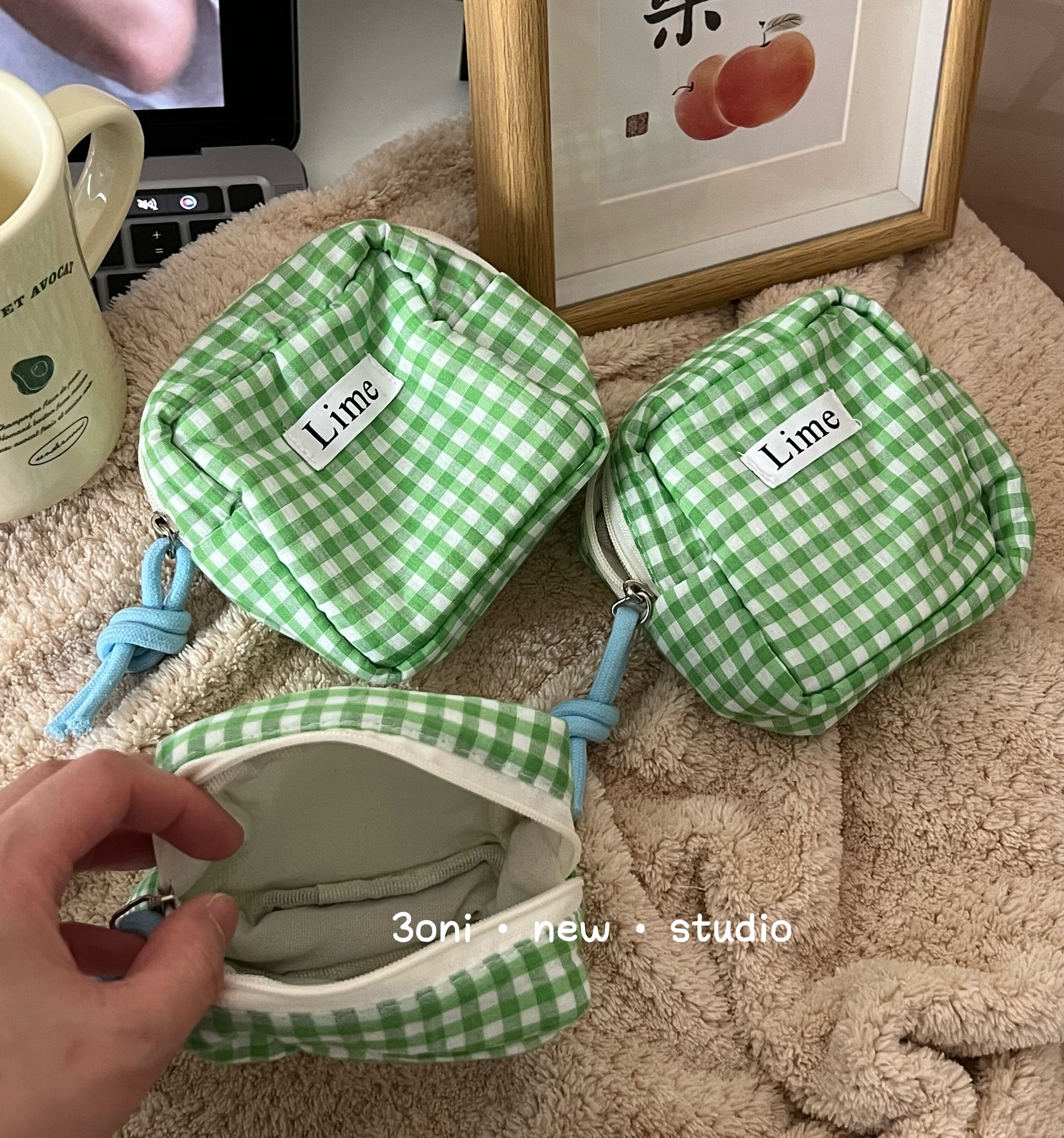 日系棉布绿格小方包!质感多功能月事小包零钱女生日常杂物收纳袋