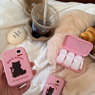 3副装 韩系调调卡通粉色猫咪隐形眼镜收纳盒双联盒镊子小棒干净