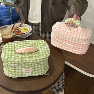 格子系列！粉搭绿配色很爱的化妆包便携大容量洗漱包手提收纳包