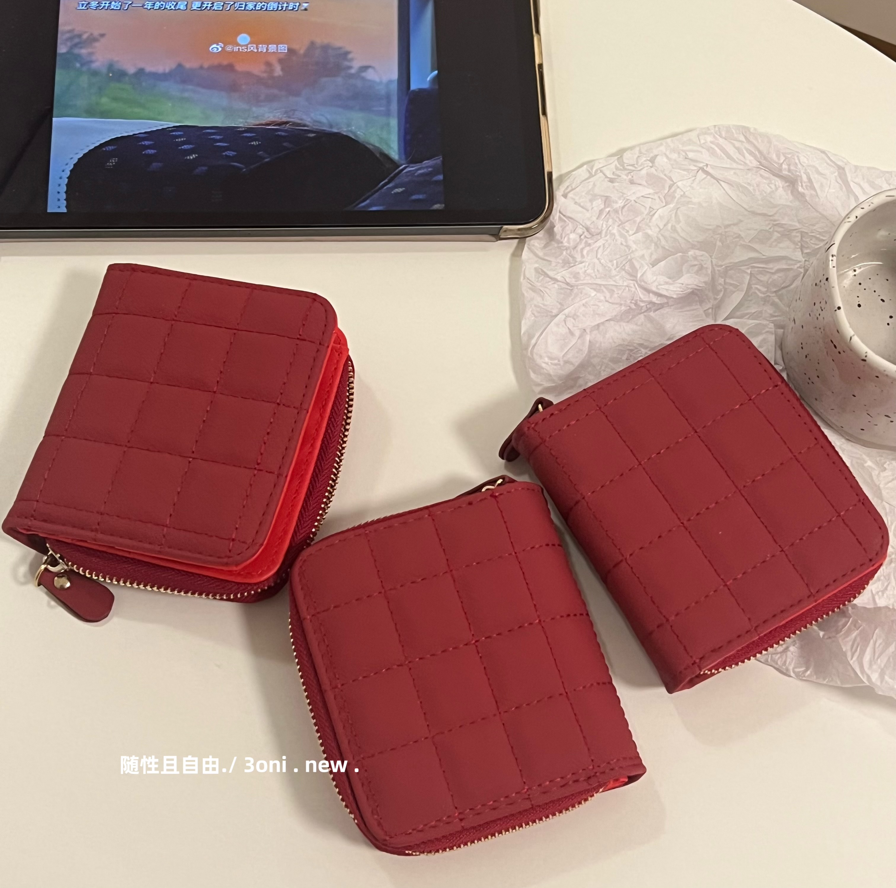 复古酒红小钱包新款短款钱包