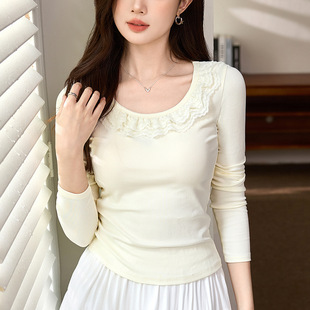 2026春秋新款 蕾丝花边纯棉T恤女长袖 纯欲性感打底衫 上乘甄选