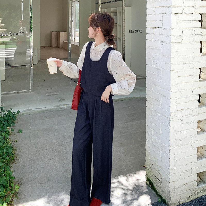 韩系chic套装女2025秋新款高级感显瘦背心波点打底衫阔腿裤三件套,女装套装/套裙,浙宝005