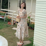 法式蝴蝶印花连衣裙女夏季2024新款显瘦减龄收腰超仙度假风长裙子，女装连衣裙，浙宝005