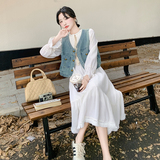 牛仔马甲白色连衣裙女春季2025超火独特漂亮高级感长裙，女装连衣裙，浙宝005