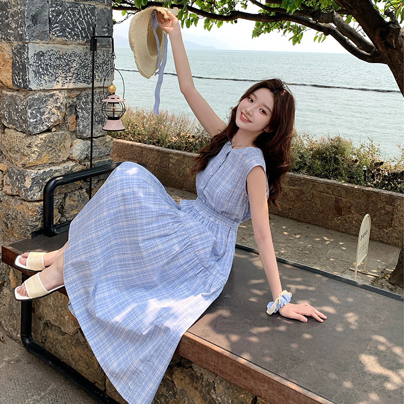 【现货】2026夏季新款格纹纯棉无袖连衣裙005-676-P130-K188，女装连衣裙，浙宝005