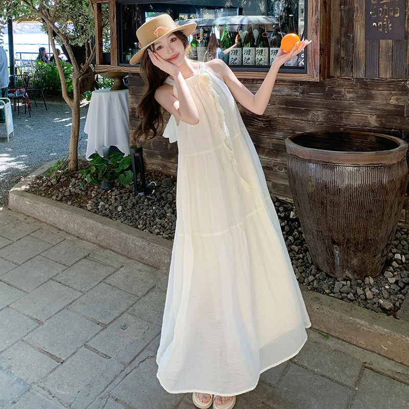 白色露肩挂脖连衣裙女2025夏季新款超仙绝美法式海边度假仙女长裙,女装连衣裙,浙宝005