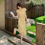 【新款大货出】新中式黄色刺绣提花旗袍裙女连衣裙526-P145-K238，女装连衣裙，浙宝005