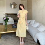 【新款大货出】新中式黄色刺绣提花旗袍裙女连衣裙526-P145-K238，女装连衣裙，浙宝005