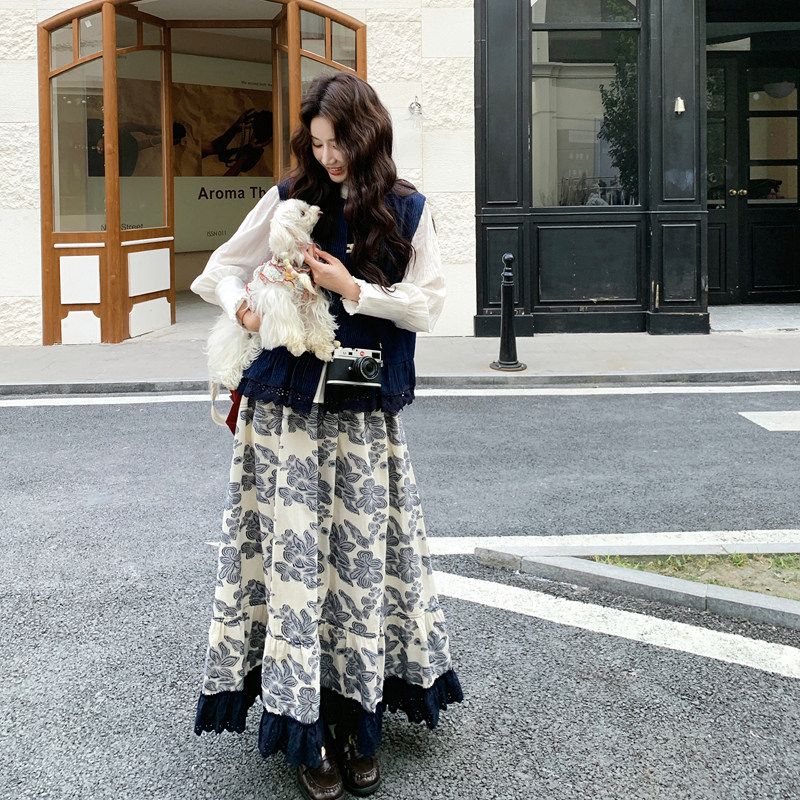 【现货】叠窜花边马甲三件套复古印花套装005-6136-p235控378，女装连衣裙，浙宝005