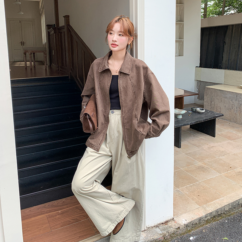 【新款】咖色简约百搭款翻领工装牛仔外套005-6097-P155-K228，女装短外套，浙宝005