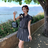【新款】夏季灰色波点泡泡袖连衣裙收腰百褶裙505-P145-K238，女装连衣裙，浙宝005