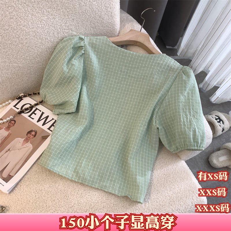 夏装150小矮个子女装155cm显高XXXS加小码格子衬衫女短款上衣短袖