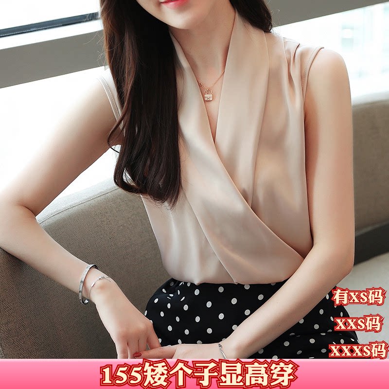 女装夏装矮个子150cm显高XXS加小码2026雪纺衫女缎面背心无袖V领