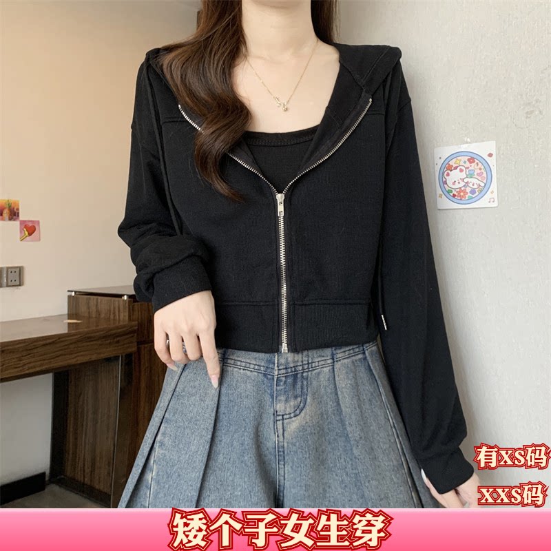 秋装女装矮个子150cmXXS加小码显高连帽拉链款长袖卫衣+吊带上衣