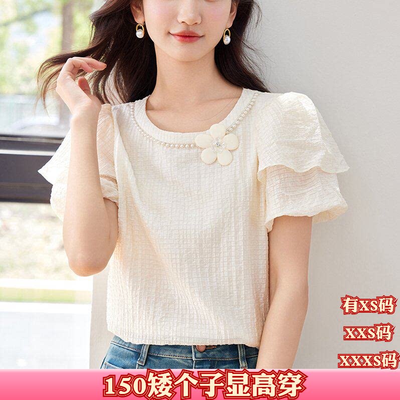 150cm小个子显高女装夏装加小码XXXS甜美珍珠领雪纺衫泡泡袖短袖