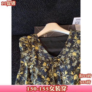 女装秋季150cm新款加小码XXS小个子碎花雪纺衫V领蝴蝶结系带上衣