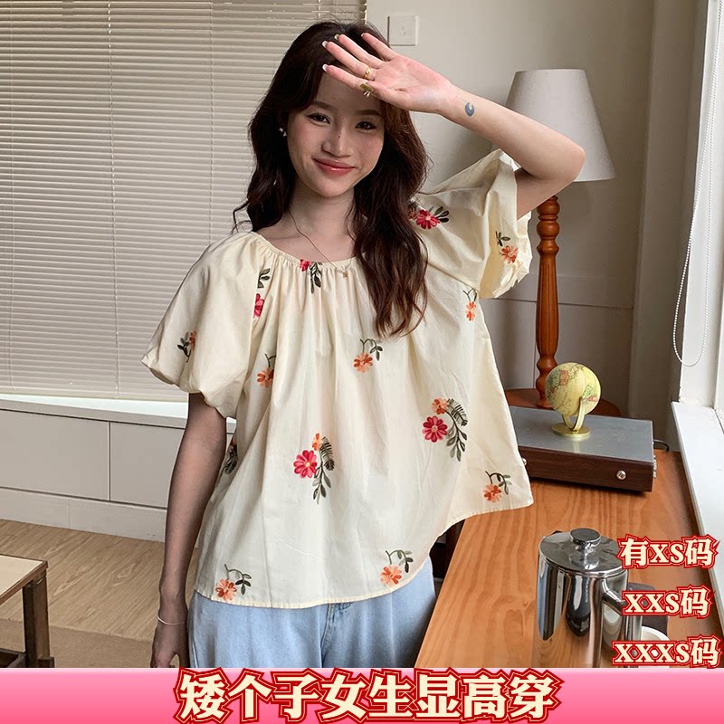夏装加小码XXXS矮个子150cm显高女装一字领绣花短袖娃娃衫衬衫女