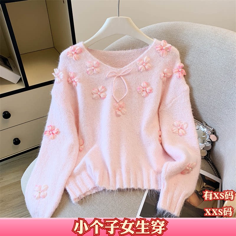 秋装女装150cm显高矮个子加小码XXSv领立体蝴蝶毛针织衫毛衣女